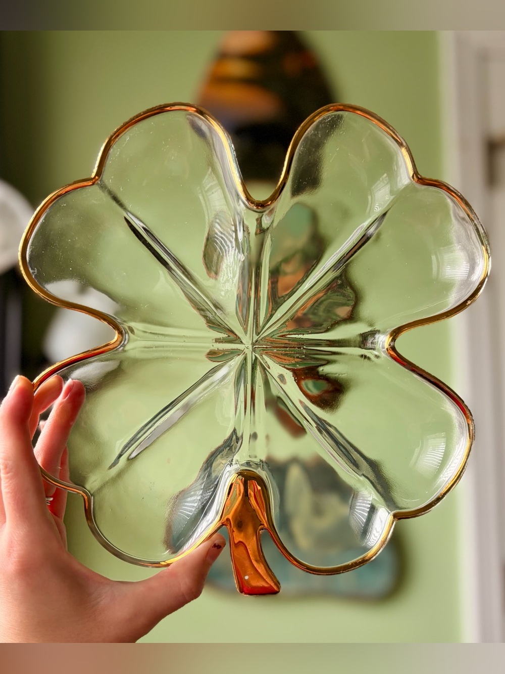 Irish Shamrock Clover Glass Dish With Golden Trim